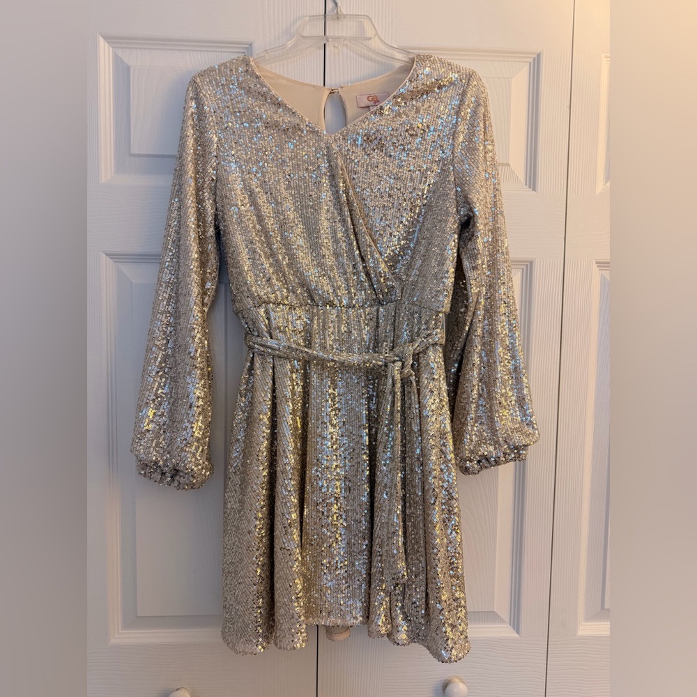 GB girls Champagne Gold Sequin Wrap-Style Party Dress